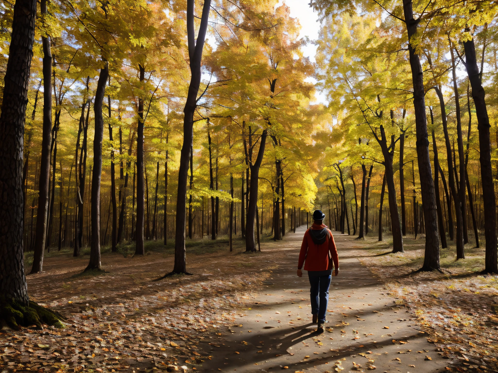 (Rear view of a person in the autumn forest, alta calidad, a high definition, 8k, UHD), Serene atmosphere, colores vibrantes, luz solar suave, hojas detalladas, cozy sweater, Windy day, falling leaves, Ambiente tranquilo, Tonos dorados, aire fresco, Paisajes pintorescos, Profundidad de campo, sombras sutiles, Ambiente brumoso.