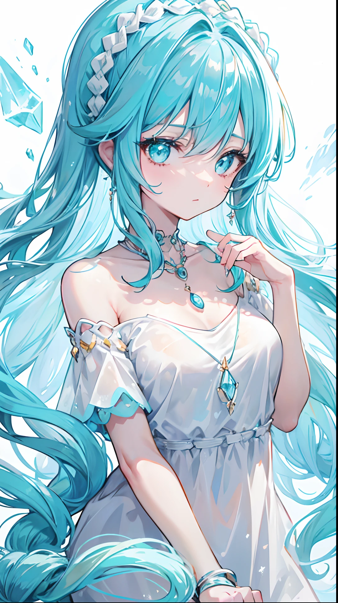 With braids,Shiny, Moist and crystal clear face,It has a lovely feel,Light cyan and light yellow color scheme,Wear a simple, solid off-the-shoulder T-shirt,Around his neck hangs a crystal clear silver necklace