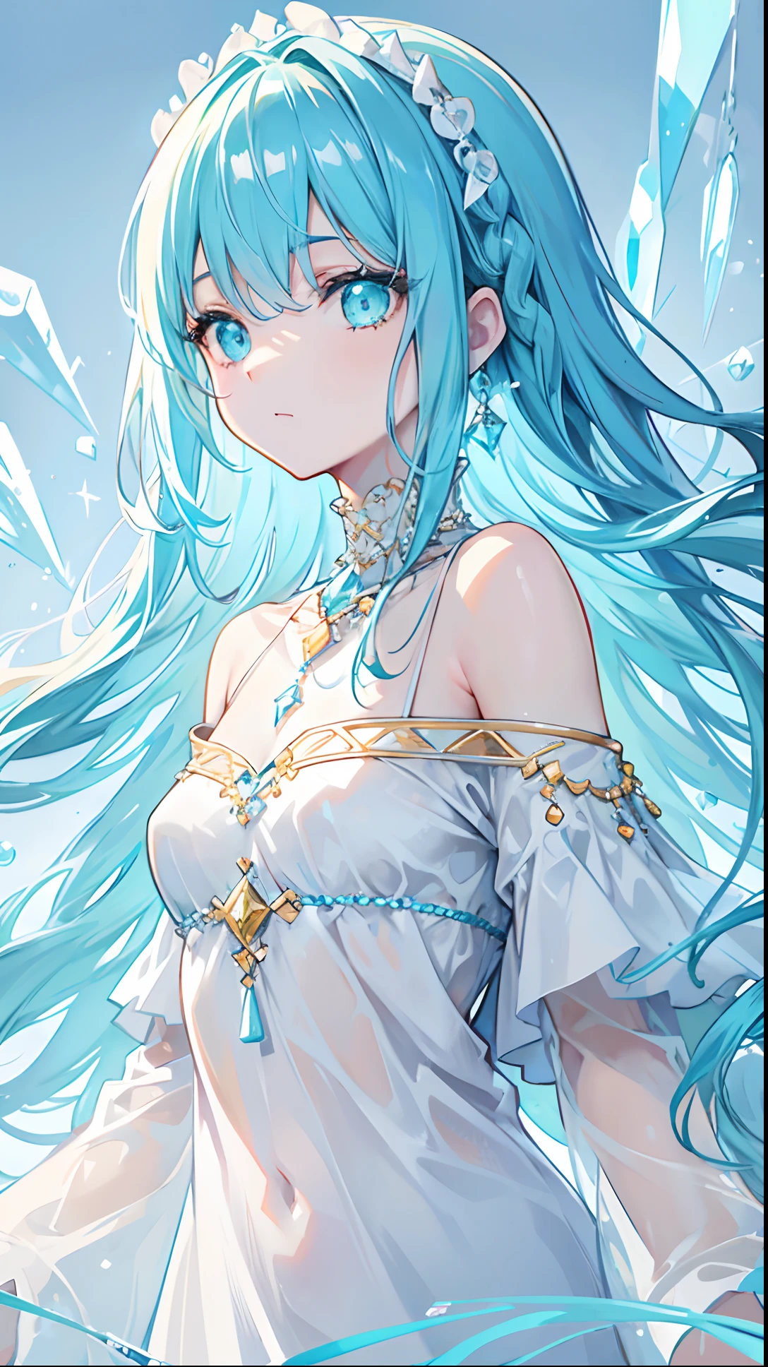 With braids，Shiny, Moist and crystal clear face，It has a lovely feel，Light cyan and light yellow color scheme，Wear a simple, solid off-the-shoulder T-shirt，Around his neck hangs a crystal clear silver necklace
