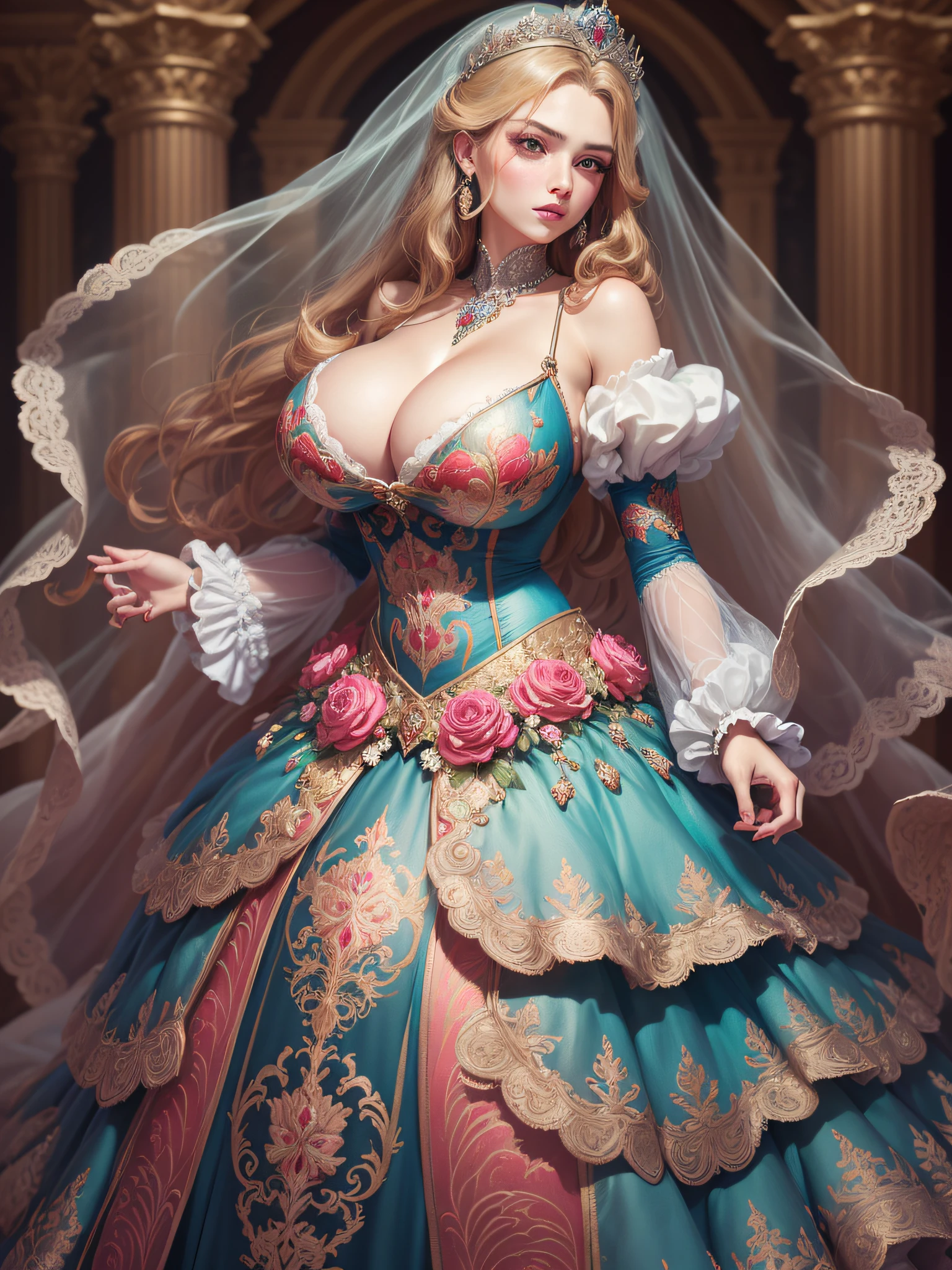 ((anime artstyle)),(Masterpiece),(Best Quality), (Super Detail),((Very Delicate and Beautiful)),cinematic lighting,1 lady,((full body portrait)),((standing in garden)),((solo)),(((1 princess in beautiful embroidery and jeweled extremely gorgeous princess rococo ballgown with voluminous full length hoop skirt))),((crinoline)),long train,((beautiful embroidery and jeweled)),voluminous frills,See-through,(gorgeous embroidery and beautiful lace),(((extremely gigantic tits,skindentation))),cleavage,((large amount of straight hair,extremely voluminous Hair,Very Long Straight Hair)),(finely detailed face and eyes),clear pupil,extremely gorgeousfull hair ornament,(bling-bling jeweled extremely gorgeousfull tiara),(bling-bling gorgeous gemstone jewelry),long veil,(beautiful background),(full body),((beautiful embroidery and jeweled extremely gorgeous princess rococo ballgown with voluminous full length hoop skirt))