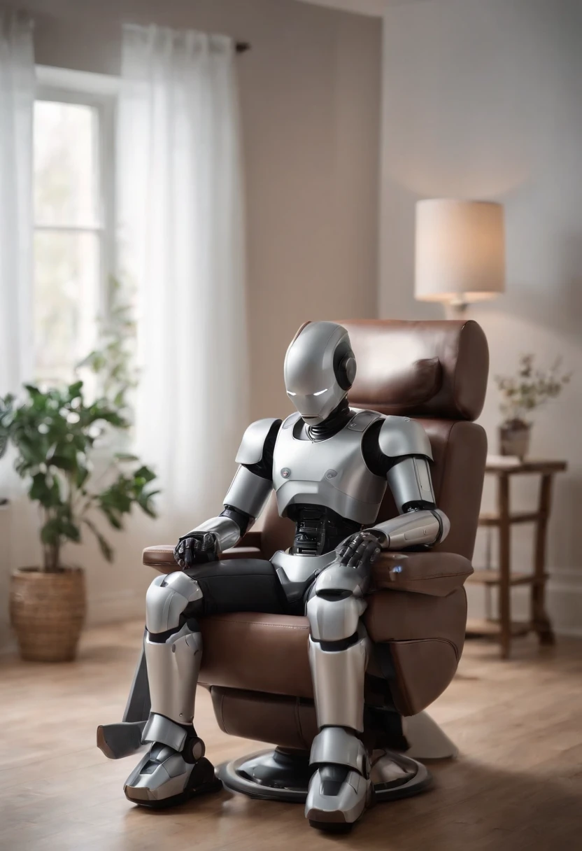a high quality photorealistic photo of an android sitting in a chair in a comfortable position connected to household items.