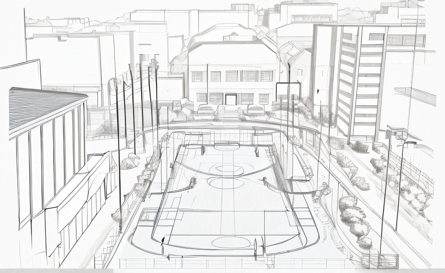 (highres) A school playground with a circular running track and several people jogging, (sketchy outline) with a soccer field in the center of the track.