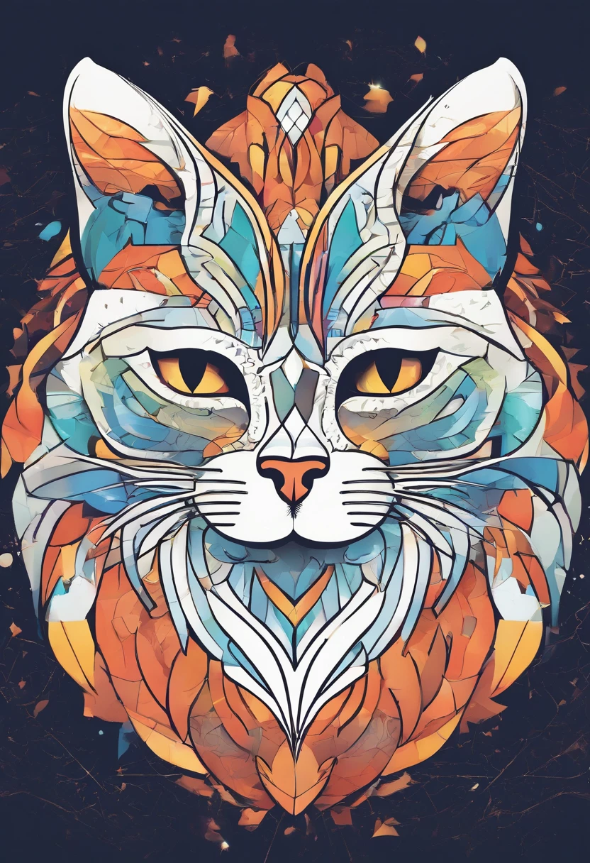 Colorful Logo,Colorful cat head minimalist vector art logo illustration, Frontal, Magic, Crisp design, suave, monochrome color, Dark Magic Colorful Splash Painting, tshirt design, In the style of Studio Ghibli, The design must be vector art, Cat introduction. Using Adobe Illustrator、Create sharpening, Simple looking logo, But fascinating. Keep the design centered on the cat's eye, Capture its uniqueness and charm. The logo should evoke a sense of sophistication and tranquility. Emphasis on low-poly style、Add a little luxury. The overall aesthetic must be elegant and elegant, Related to branding and logo objectives, (without background), ((Symmetrymeter)),It's a colorful cat,(bilaterally symmetrical:1.5)