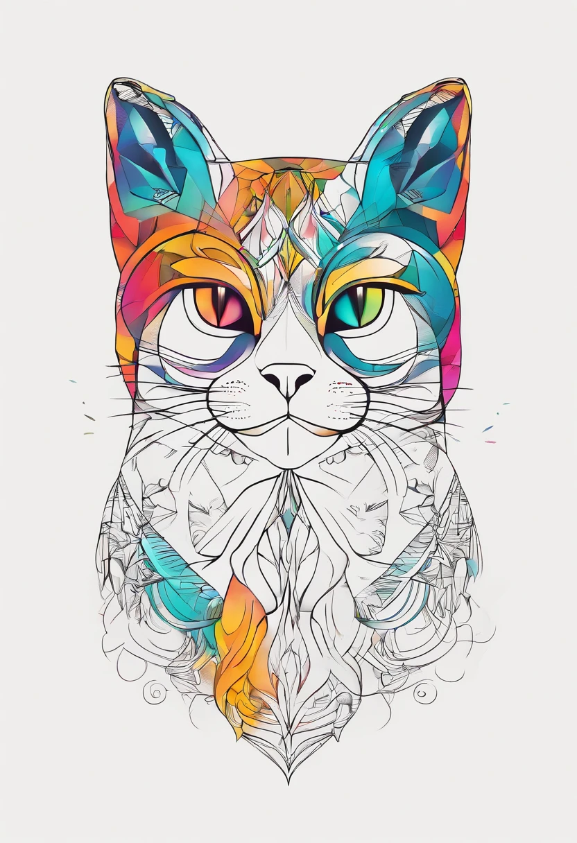 Colorful Logo,Colorful cat head minimalist vector art logo illustration, Frontal, Magic, Crisp design, suave, monochrome color, Dark Magic Colorful Splash Painting, tshirt design, In the style of Studio Ghibli, The design must be vector art, Cat introduction. Using Adobe Illustrator、Create sharpening, Simple looking logo, But fascinating. Keep the design centered on the cat's eye, Capture its uniqueness and charm. The logo should evoke a sense of sophistication and tranquility. Emphasis on low-poly style、Add a little luxury. The overall aesthetic must be elegant and elegant, Related to branding and logo objectives, （without background）， ((Symmetrymeter))，It's a colorful cat,（bilaterally symmetrical：1.5）