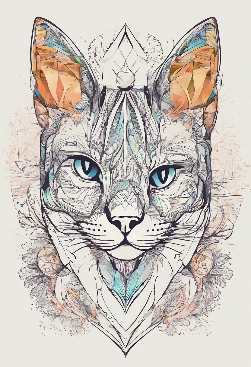 Colorful Logo,Colorful cat head minimalist vector art logo illustration, Frontal, Magic, Crisp design, suave, monochrome color, Dark Magic Colorful Splash Painting, tshirt design, In the style of Studio Ghibli, The design must be vector art, Cat introduction. Using Adobe Illustrator、Create sharpening, Simple looking logo, But fascinating. Keep the design centered on the cat's eye, Capture its uniqueness and charm. The logo should evoke a sense of sophistication and tranquility. Emphasis on low-poly style、Add a little luxury. The overall aesthetic must be elegant and elegant, Related to branding and logo objectives, (without background), ((Symmetrymeter)),It's a colorful cat,(bilaterally symmetrical:1.5)