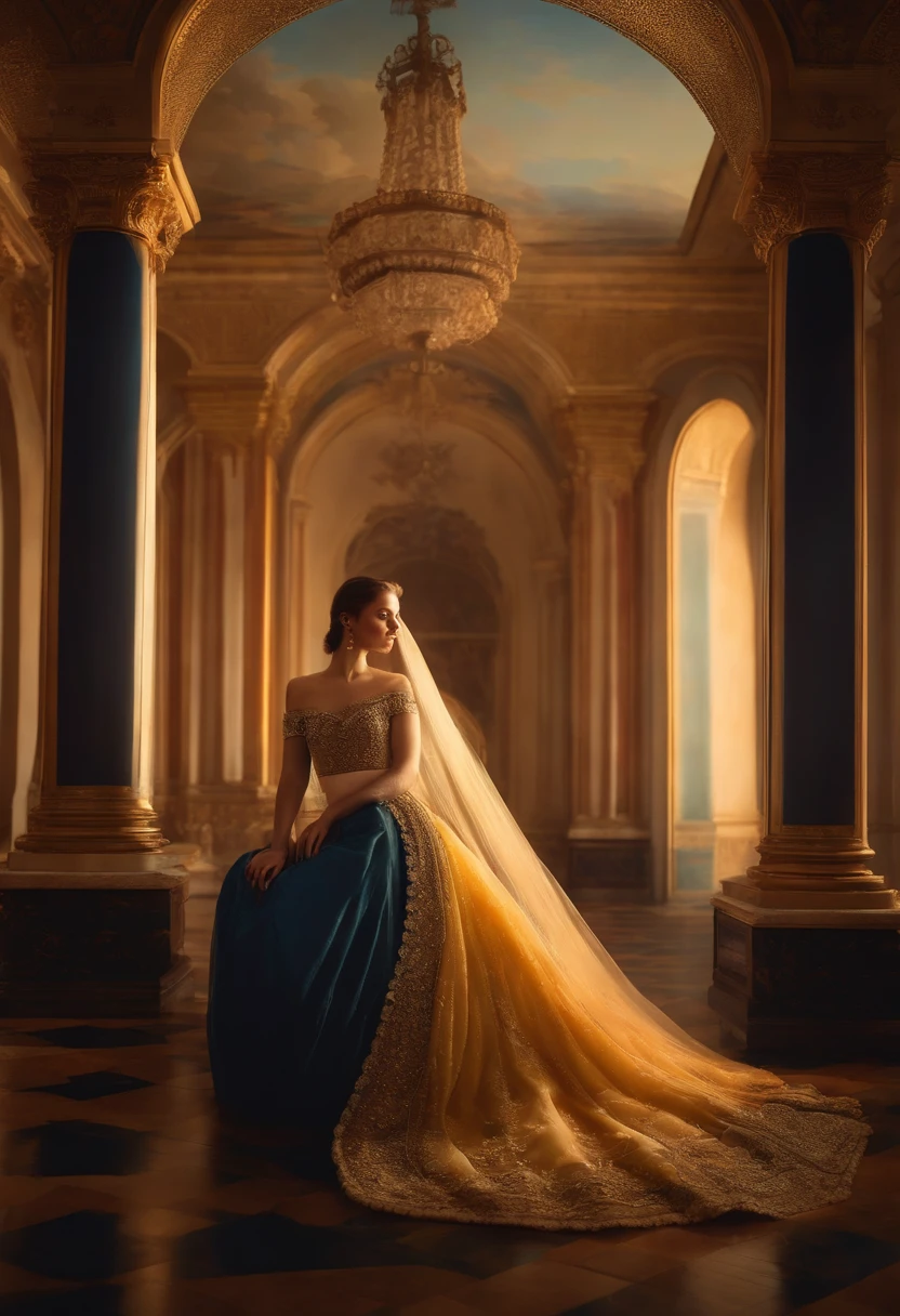 Intricate young woman in royal palace, arte por Ivan Aivazovsky, lente grande angular f/2.8, ultra insane high resolution intricate textures, recuo de textura, perspectiva perfeita, geometria perfeita, ultra insane ambient lighting, Sombras ambientes ultra insanas, Luminismo, fundo ocupado ultra detalhado, Mosaico, maximalismo, perfeccionismo, Obra-prima premiada do IPA,