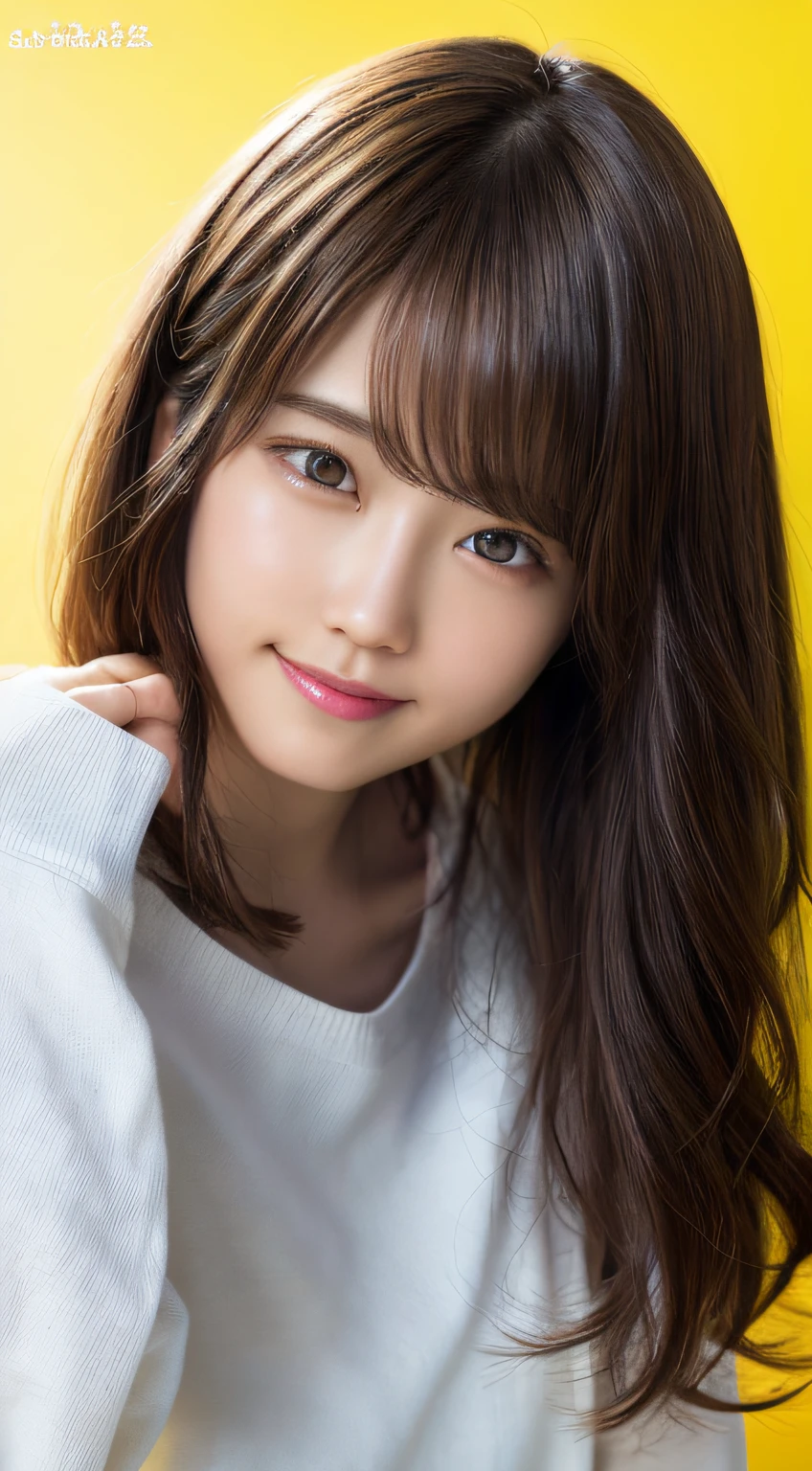 masterpiece, best quality, 8k, absurdres, (upper body:1.4), white shirt, beautiful girl, pretty face, looking at viewer, smile, ultra realistic, highres, photography, film grain, chromatic aberration, sharp focus, HDR, facelight, dynamic lighting, cinematic lighting, professional shadow, simple background, (dull yellow background:1.4), highest detailed, extreme detailed, ultra detailed, finely detail, real skin, delicate facial features, detailed face and eyes, sharp pupils, realistic pupils, (korean, japanese, chinese:0.4)