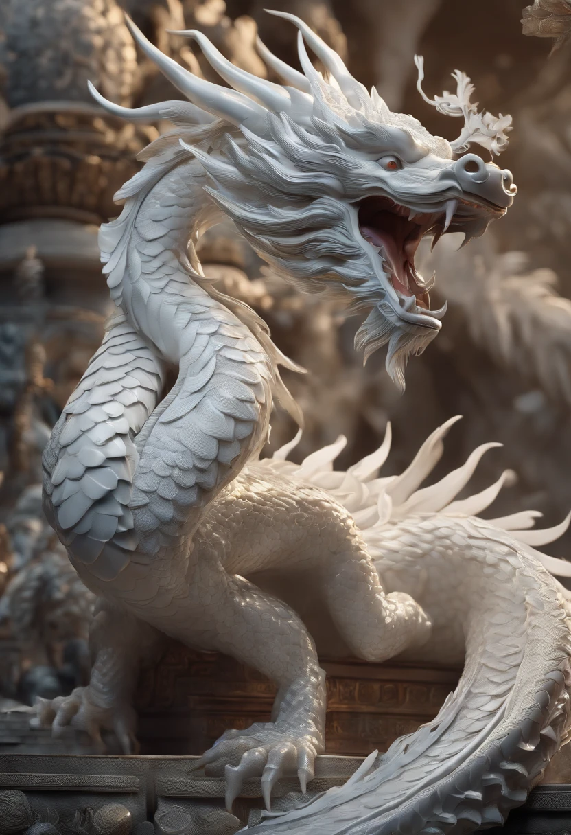 "Very beautiful 3d rendered white Chinese dragon,Representation of dynamics, Vivid effects and details,Top image quality,hight resolution,plethora of colors, Pile of Coins, treasure"