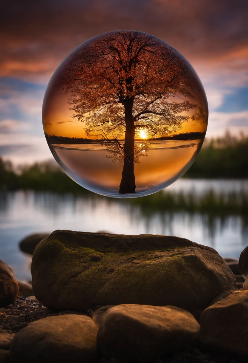 Tree of life in a glass orb hovering over a lake.