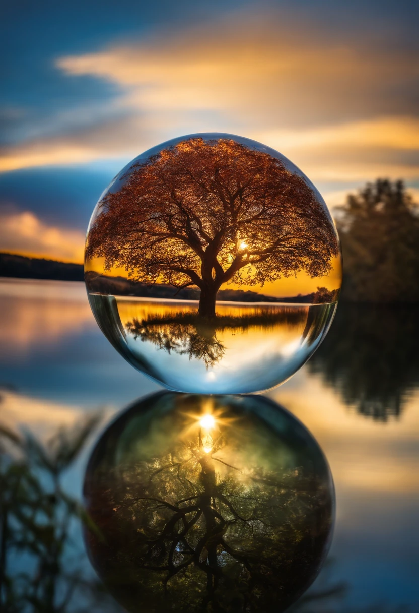 Tree of life in a glass orb hovering over a lake.