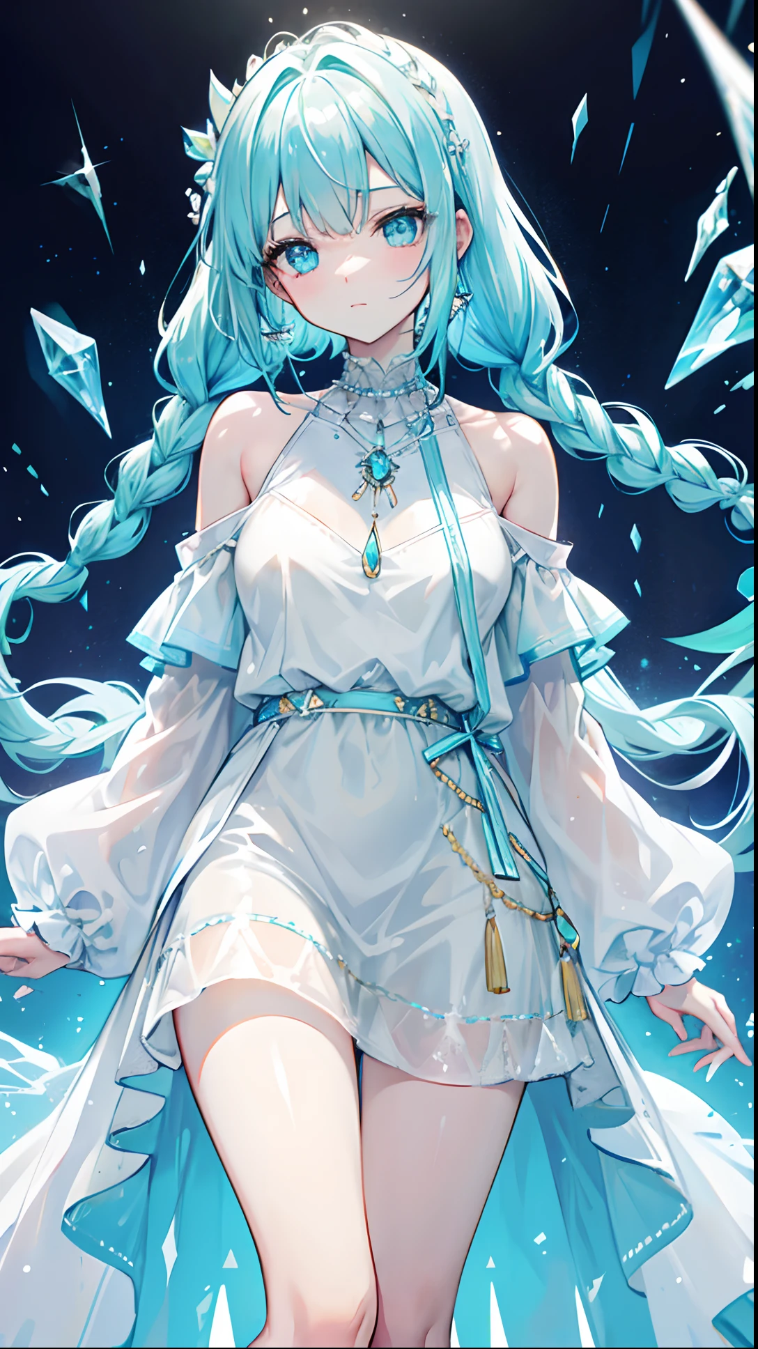 With braids,Shiny, Moist and crystal clear face,It has a lovely feel,Light cyan and light yellow color scheme,Wear a simple, solid off-the-shoulder T-shirt,Around his neck hangs a crystal clear silver necklace