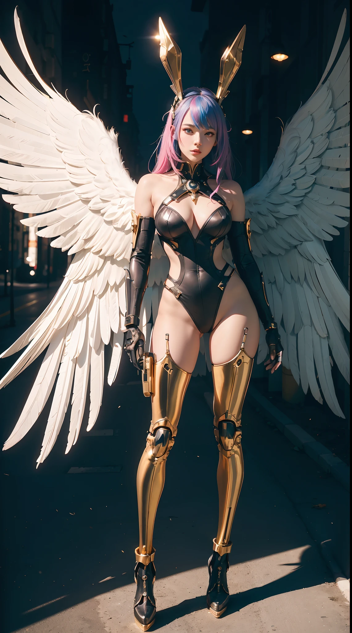 wide wide shot,(Best quality,Masterpiece:1.2),(cyborg people), Rabbit ears,Colored hair,(She has a pair of huge feathered wings behind her shoulders),gold,perfectly proportions,(Her metal mechanical limbs),(Footwear),Slim,Shiny metal。(Facing the lens,Central symmetry),standing on your feet,(futuristic street),Vibrant colors,The lighting is dramatic, Bright areas contrast strongly with deep shadows, creating a sense of depth and dimension. The overall composition is vibrant and captivating, Grace, There is also a touch of mystery.