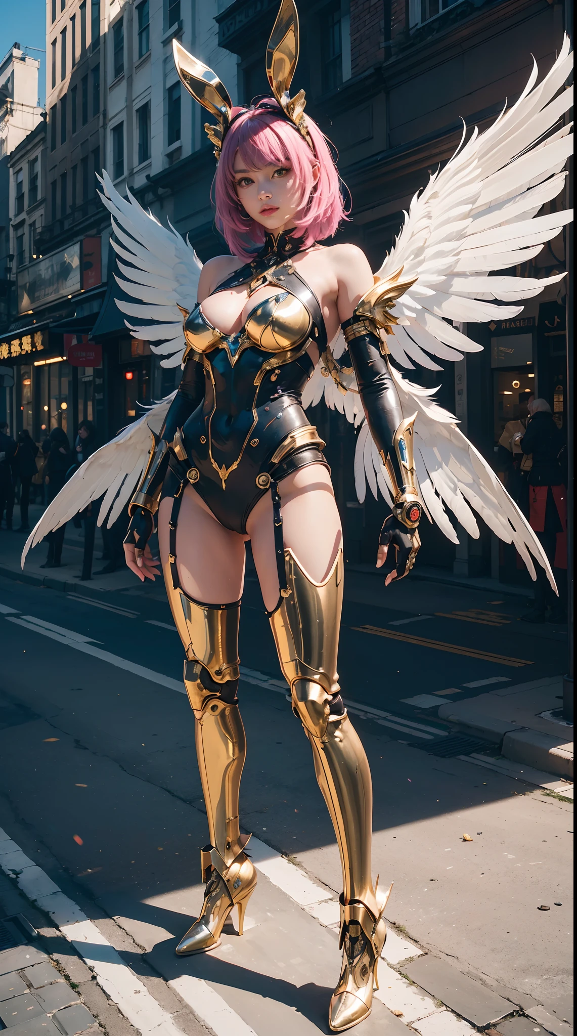 wide wide shot,(Best quality,Masterpiece:1.2),(cyborg people), Rabbit ears,Colored hair,(She has a pair of huge feathered wings behind her shoulders),gold,perfectly proportions,(Metal mechanical bodies and limbs),(Footwear),Slim,Shiny metal。(Facing the lens,Central symmetry),standing on your feet,(futuristic street),Vibrant colors,The lighting is dramatic, Bright areas contrast strongly with deep shadows, creating a sense of depth and dimension. The overall composition is vibrant and captivating, Grace, There is also a touch of mystery.