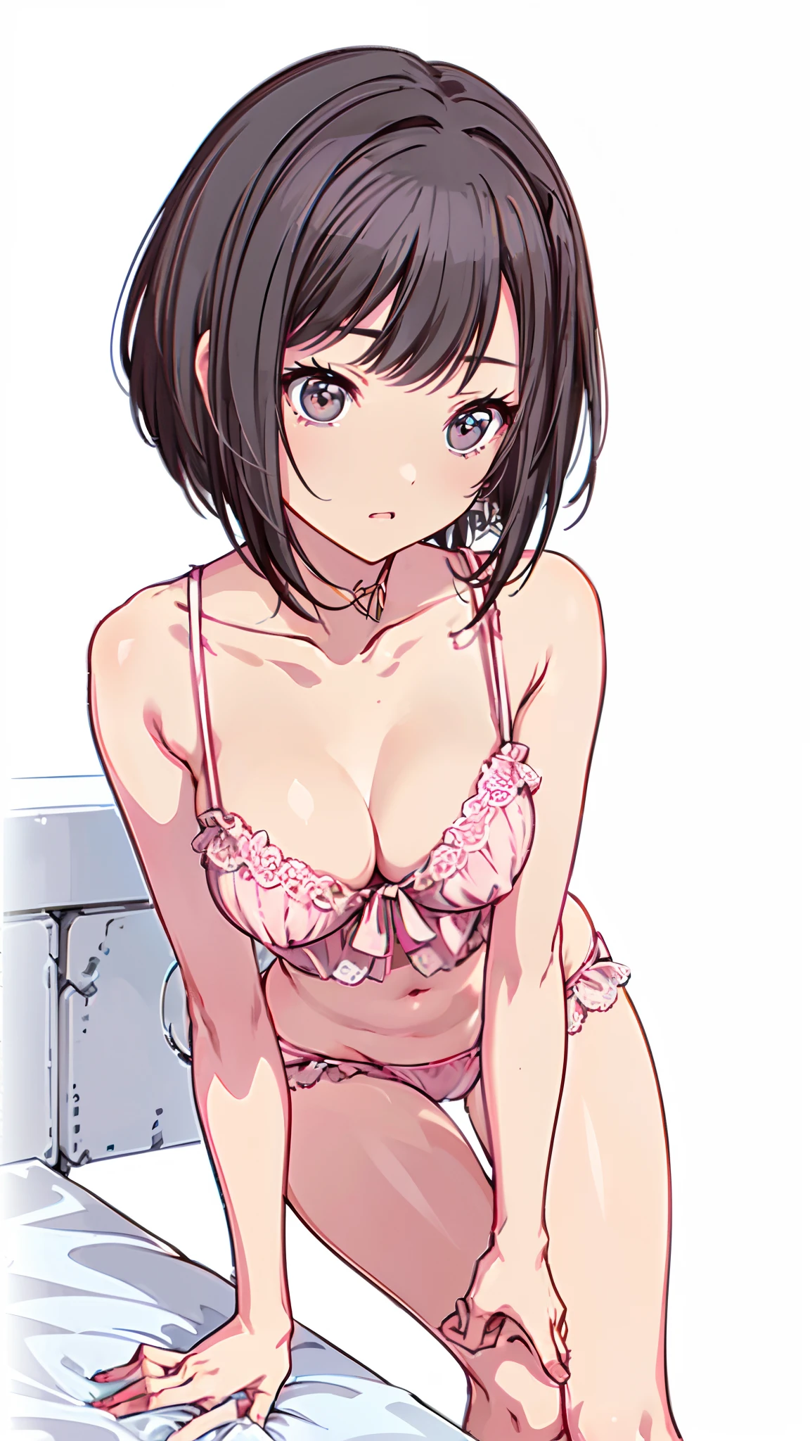 (Wearing a lace pale pink bikini Leaning forward Gravure Pose on the beds ighly detailed clear outlines Beautiful face Beautiful skin) thin-waist A slender ribbed skinny limbs teats cleavage of the breast Beautiful breasts a short bob Beautiful fingertips Illustrator