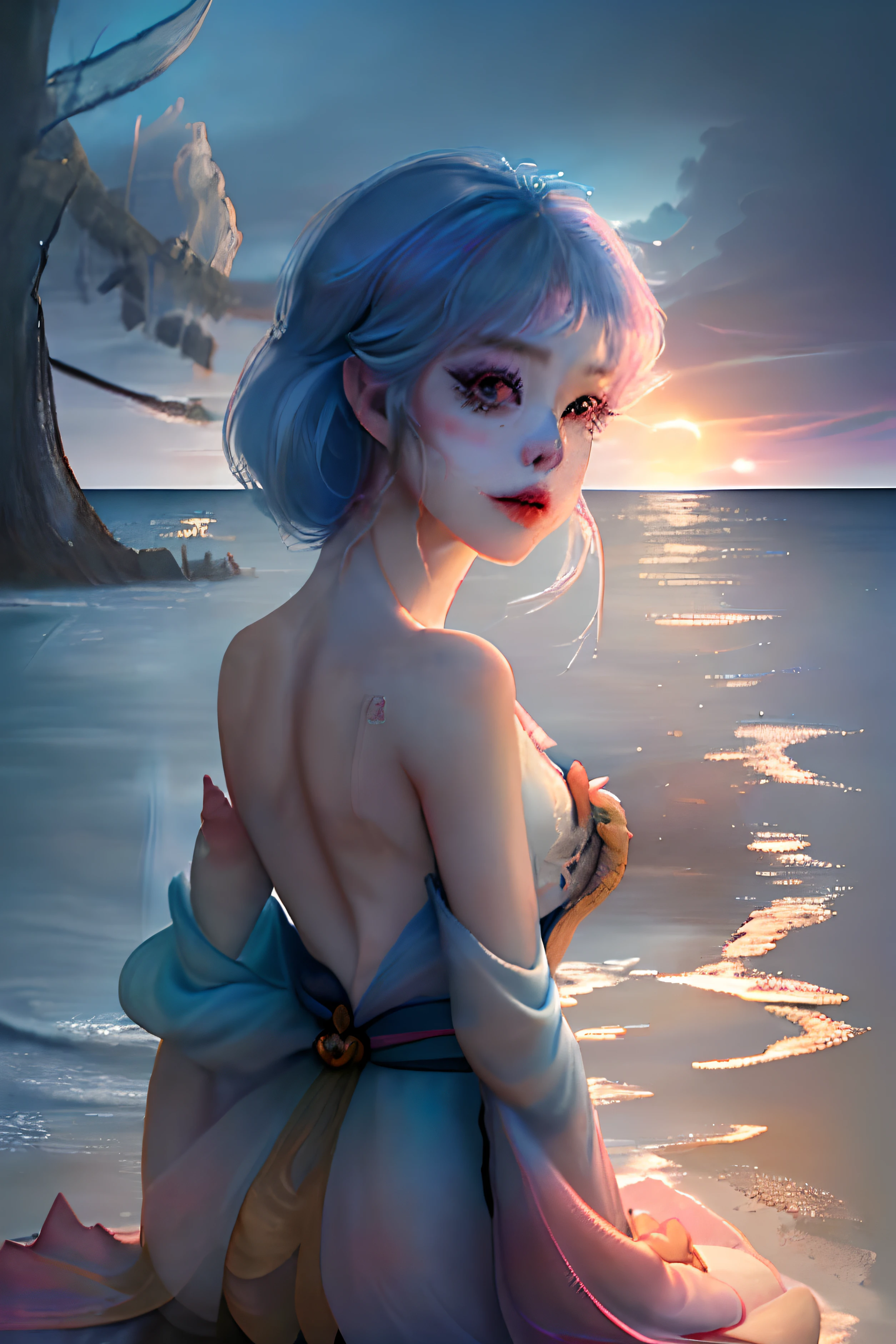 a cute korean large-eyed girl, slender and small face, very glossy and gleam skin, looking at viewer, back view, dark moody quality,
dark another world, wonderland, fantasy world, dynamic background, coy smaile, very short hanbok uniform, very bare shoulder, nsfw, sitting, short stocking, colorful sunset, detailed sky with clouds, bubble, branch, sea, sand, waves, shining aura, with cute flying fairys, sensual,
Fantasy art, digital art, delicate lines and textures, realistic and dreamy art, art of imaginative motifs,
magical substances, fantastic landscapes, surrealism, cinematic, rough shadows, vivid colors, Rich colors, light and shadow, three-dimensional lighting, combination of various colors and shades, a lively and deep art, volume lighting, back lighting hair, Film light, dynamic lighting, good anatomy, same makeup for both eyes, eyes are bilateral symmetry,
correct limb, hand with five delicate fingers, Perfect body proportions, intricate details, highly details.