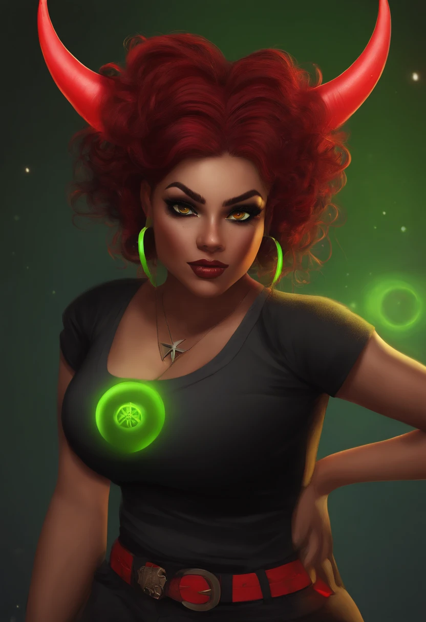 a slightly chubby, bottom heavy hispanic female with tanned skin, messy red and black two tone hair, dark freckles, red eyes, a black shirt that has a logo of a green circle and a black star in the middle, black pants with red X's on the knees, neon green imp horns, a thin black imp tail.