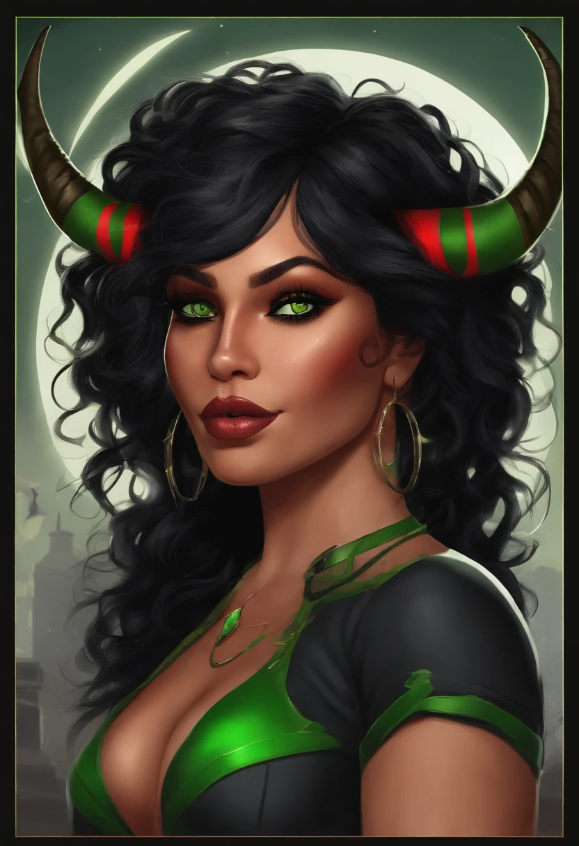 a slightly chubby, bottom heavy hispanic female with tanned skin, messy red and black two tone hair, dark freckles, red eyes, a black shirt that has a logo of a green circle and a black star in the middle, black pants with red X's on the knees, neon green imp horns, a thin black imp tail.