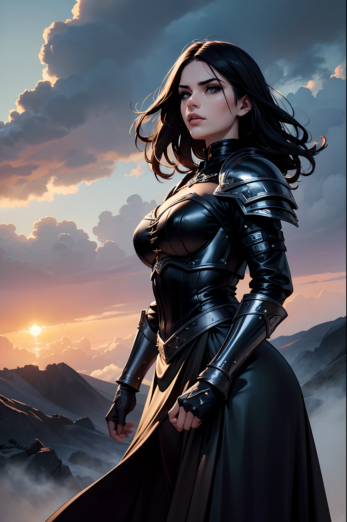Um anjo com cabelo grande com asas douradas e branca, lips in black color, Gothic armor in petrol color, nouveau, linda, impressionante, bem detalhada, Magnificent, 8k, arte angelical, skies with clouds, dramatic scene.