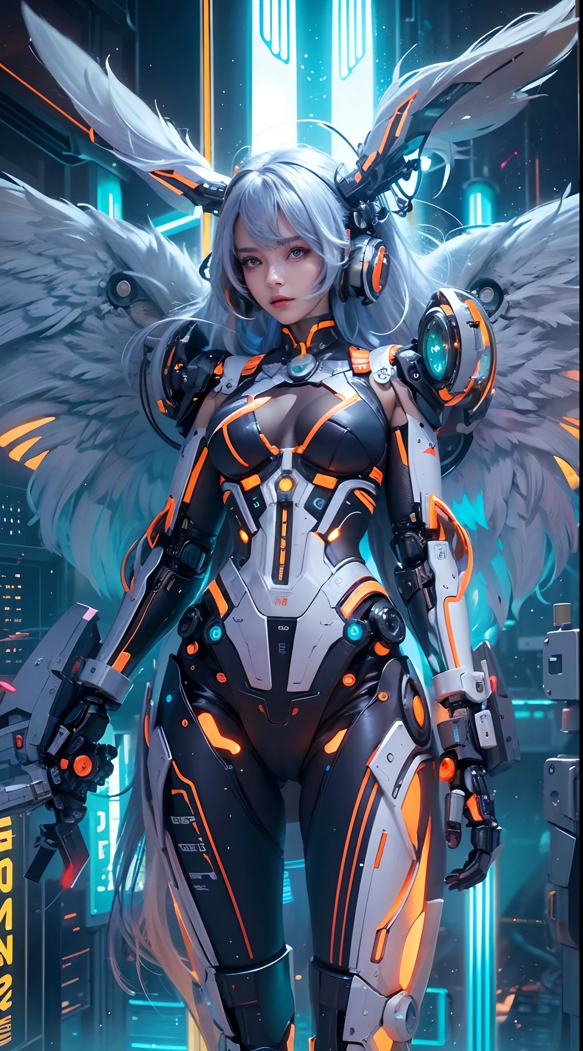 Fashion show, beautiful Mecha girl walking in catwalk, mecha girl, mecha suit, white hair, collar bone, choker, detached sleeves, white mecha body with blue neon line, wings in back, black socks, bokeh, cinematic, film grain, (masterpiece, best quality, vibrant:1.3)