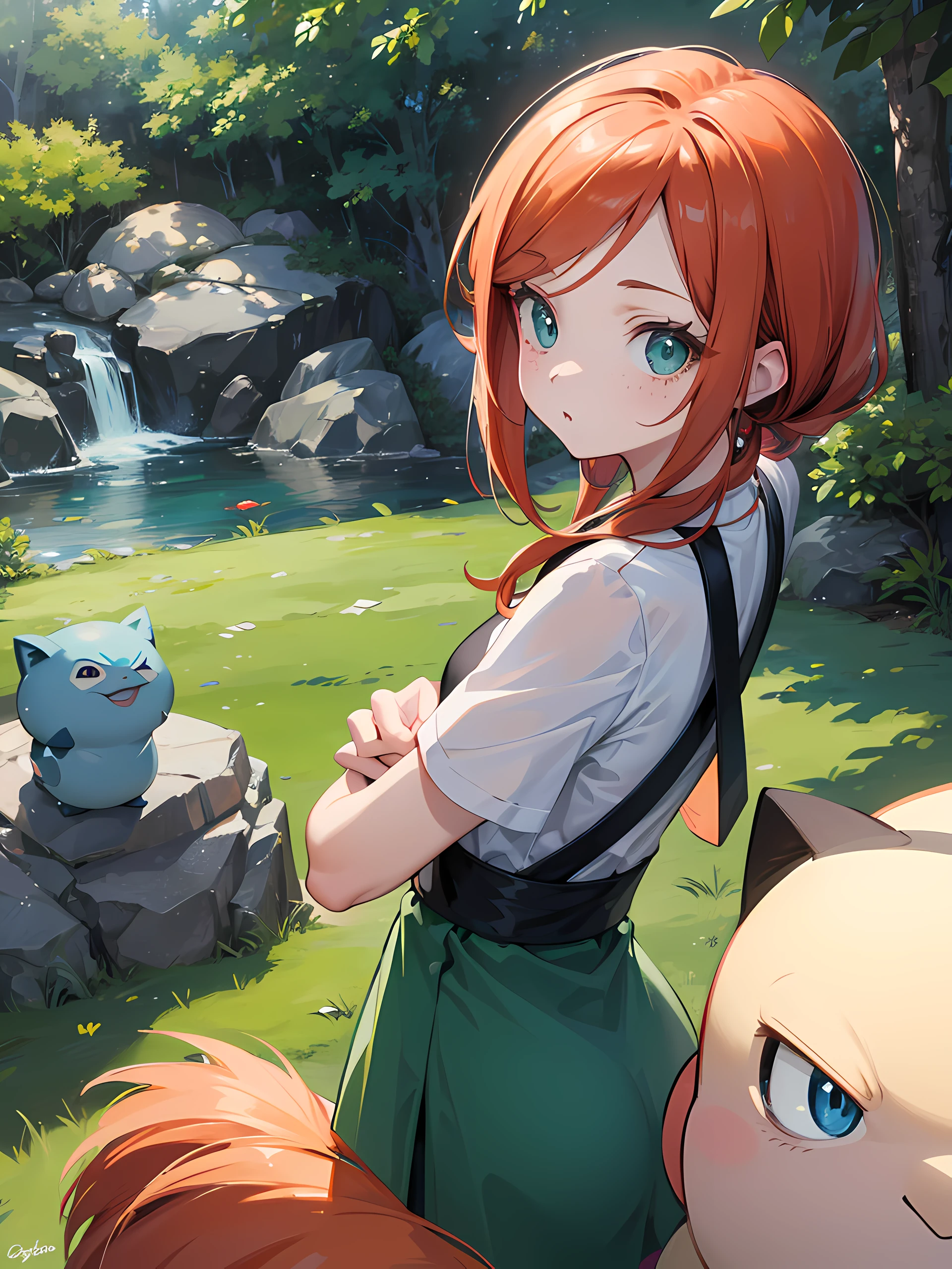 Top Quality, Photorealistic, 8K, High Definition, absurd res, high res, ultra sharp, masterpiece, (masterpiece), best quality, expressive eyes, perfect face, Super eyes, masterpiece, Pokémon trainer freckles, ginger hair and green eyes glowing battling using a Snorlax,