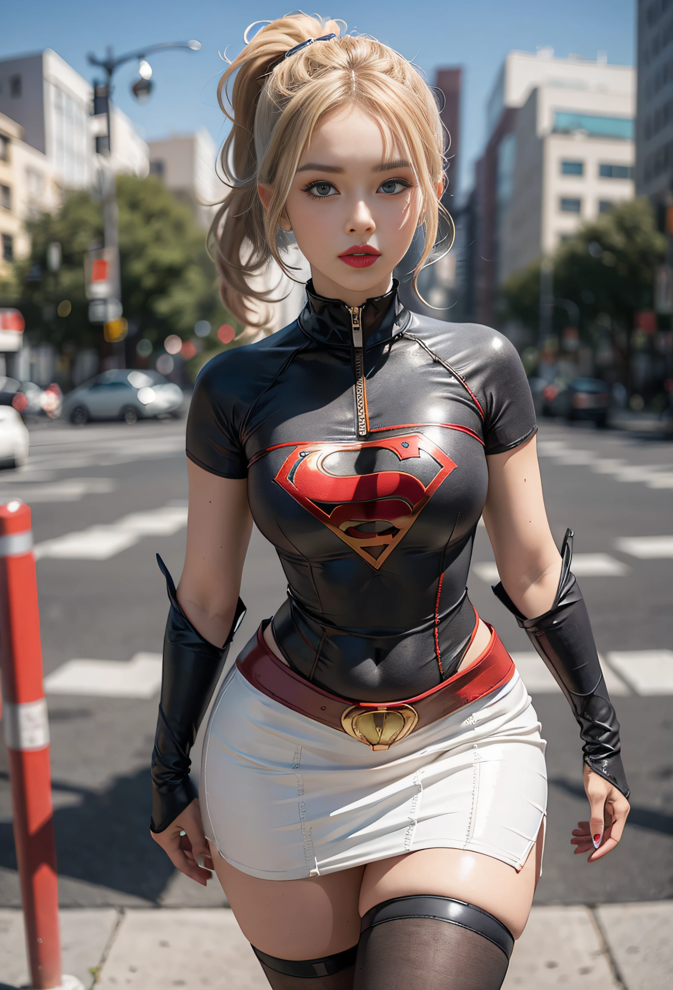 4k, realistic, charismatic, very detailed, there is a girl in the sky, dressed in a super girl costume, she is a super girl, superhero theme, blonde short hair, ponytail, 20 years, full body, (detail in the eyes), (detail in the face), incredibly beautiful, blue eyes, blush, makeup, red lipstick, miniskirt, (wide hips), (thick thighs), small breasts, dress,, seductive pose, (extreme hourglass figure), thin, svelte, white skirt, boots, tight t-shirt