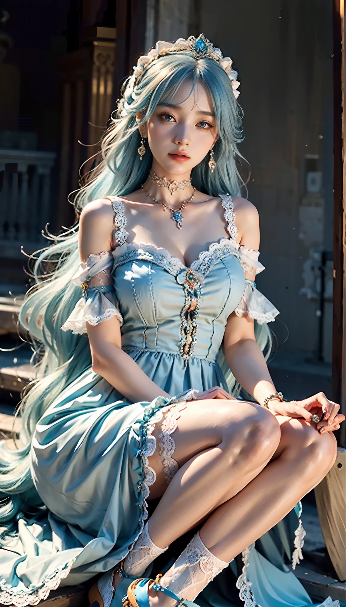 meticulous portrayal of face，1 noblewoman，(Lace orange ****ta maxi dress)，(Long flowing light blue hair)，Exquisite jewelry all over the body，Collar，Anklets，head chain，Lace-trimmed socks，(****ta shoes)， s the perfect face， perfect hand， Perfect Finger， Perfect lips， perfect  eyes，Extremely normal body， Perfect background