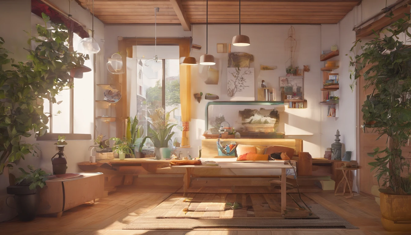 isometry : 1,5), , apartament, Lit, sofe, (Small bonsai : 0,8), table light, tvp, wall paintings, 。.3D, Disney, panoramic photo, white backgrounid, solid color backdrop, globalillumination, Ray traching, styling, hdr, vray rendered, real rendering, behans, dribbble, art  stations, best qualityer, 8K,archviz