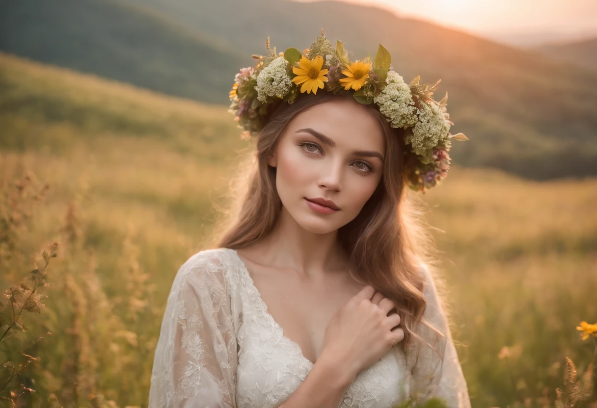 A beautiful girl of Slavic beauty in a meadow full of flowers in the Bieszczady mountains at sunset with a wreath of flowers on her head