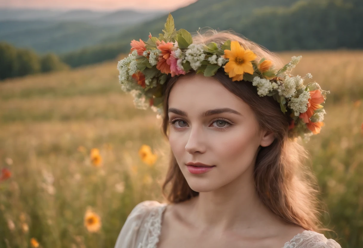 A beautiful girl of Slavic beauty in a meadow full of flowers in the Bieszczady mountains at sunset with a wreath of flowers on her head