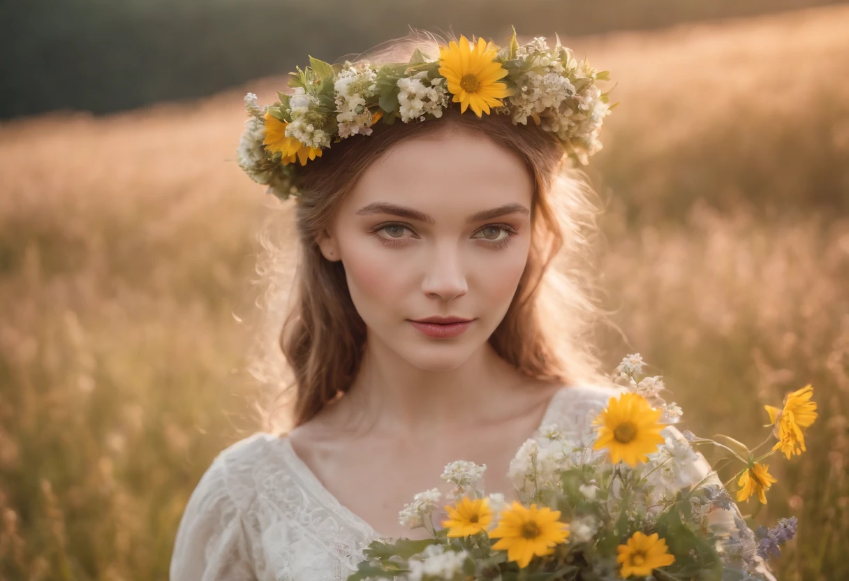 a young attractive white woman as the definition of attachment and love goddess, face detailed, gorgeous eyes, long eyelashes, small-nose, fleshy lips, Wavy blonde hair, white alien dress, standing in a field of flowers, (best qualityer,4K,8k,high resolution,work of art:1.2),ultra detali,(realisitic,photorealisitic,photo-realisitic:1.37),detailed floral background, natural lighting, bright coloured, chic, serene, peaceful, 19.6 proportion