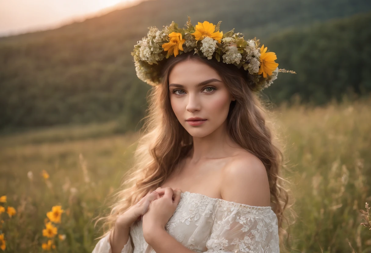 A beautiful girl of Slavic beauty in a meadow full of flowers in the Bieszczady mountains at sunset with a wreath of flowers on her head
