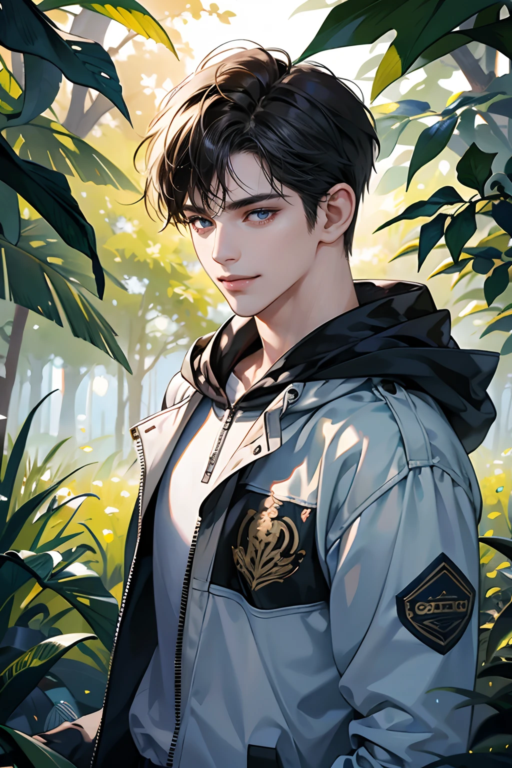 (tmasterpiece, high resolution, ultra - detailed:1.0), (1 boy, young male), eyes looking at camera, perfect male body, delicate eyes and delicate face, extremely detailed CG, 8k wallpaper, complicated details, solo person, detailed face,( jacket, hoodie, windbreaker, smile), outdoor, tree and flower, virgin forest, color difference, depth of field, dramatic shadow, ray tracing, best quality, cinematic lighting, offcial art, portrait