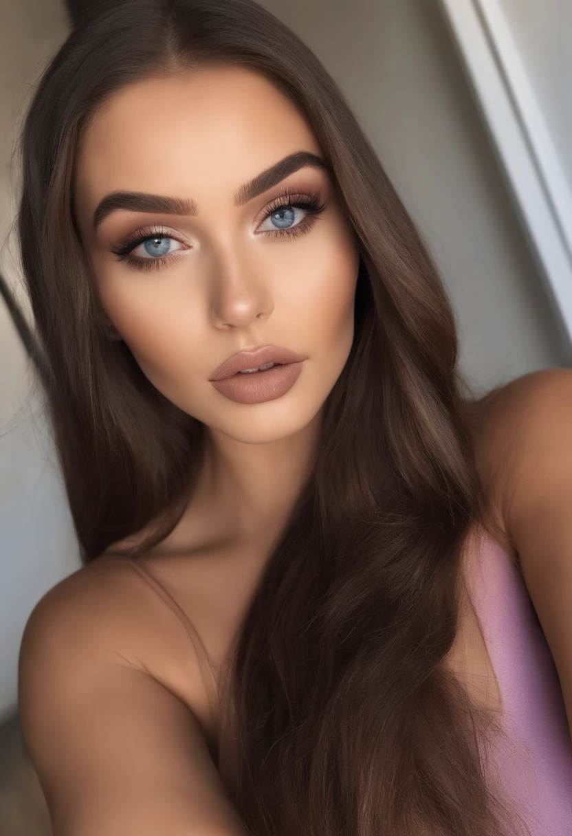 Femme latina sans haut ni culotte, fille sexy aux yeux bleus, Portrait Sophie Mudd, cheveux bruns et grands yeux, selfie of a young woman, Yeux de chambre, Violet Myers, sans maquillage, maquillage naturel, looking straight at camera, Visage avec Artgram, Maquillage subtil, Superbe photo du corps entier, clivage, au centre commercial