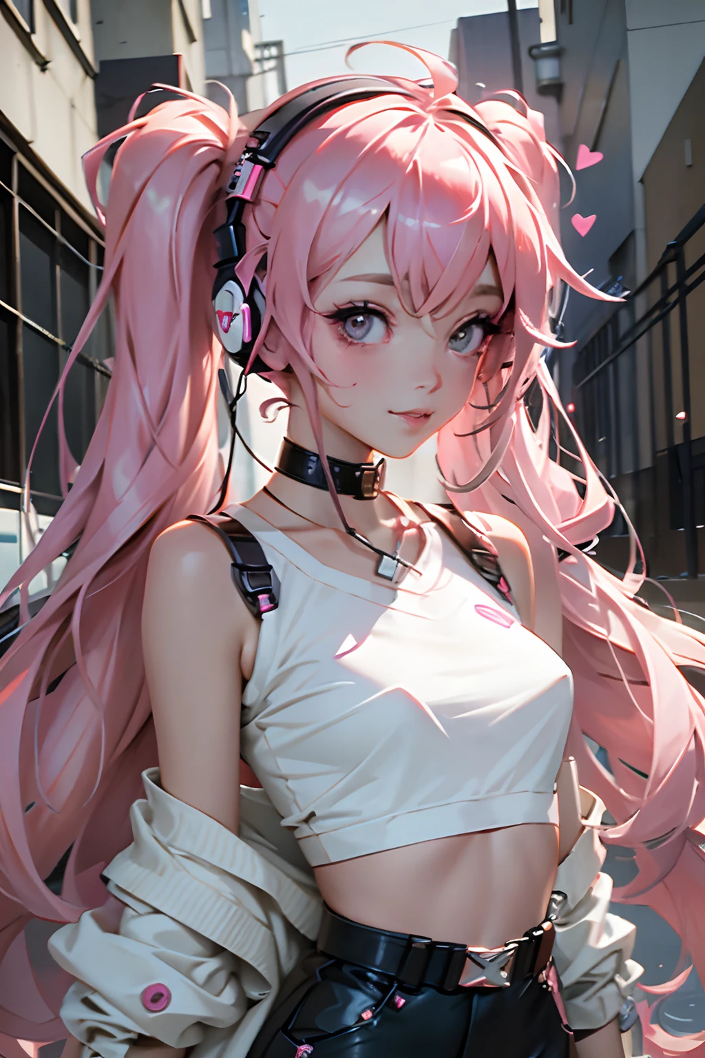 a detailed portrait of Super Sonico, beautiful detailed eyes, beautiful detailed lips, extremely detailed face and features, long eyelashes, pink hair, big breast, wearing a head phone, cute expression, wearing a pink cat headband, detailed clothing, intricate details, highly detailed, 8k, photorealistic, professional lighting, vibrant colors, studio lighting, dynamic composition, fantasy, white shirt, short jeans