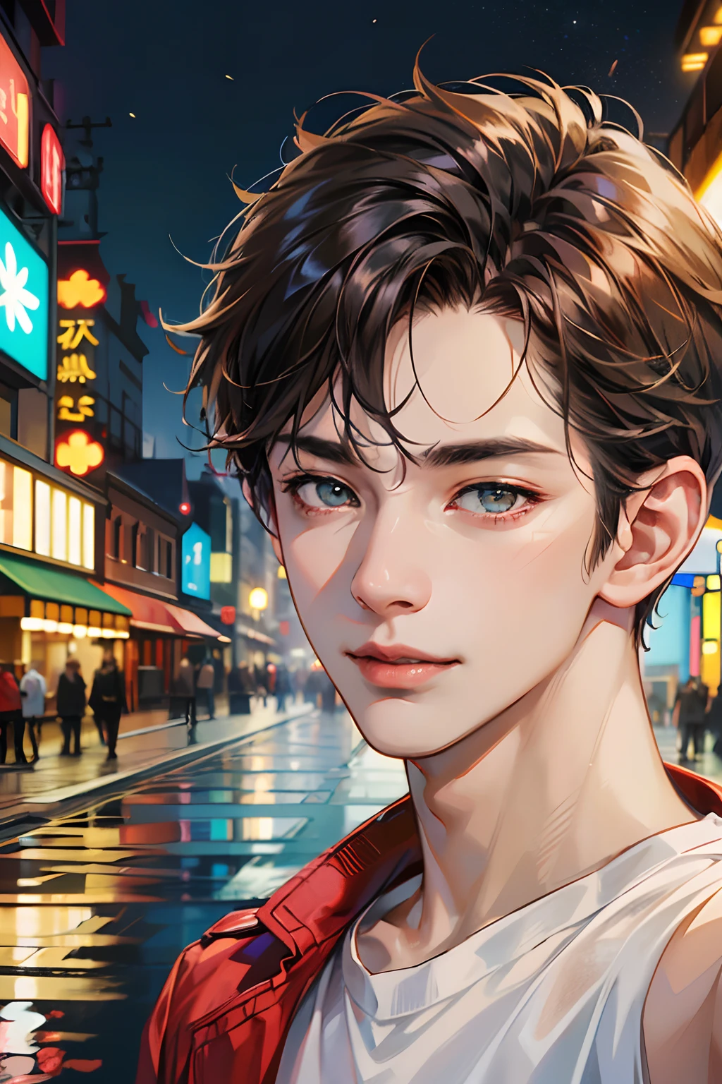 (absurdres, highres, ultra detailed, HDR), masterpiece, best quality, 1boy, handsome, short hair, finely eye and detailed face, (white t-shirt), (red jacket), dimple, night street, night city, midnight, selfie shot, light smile
