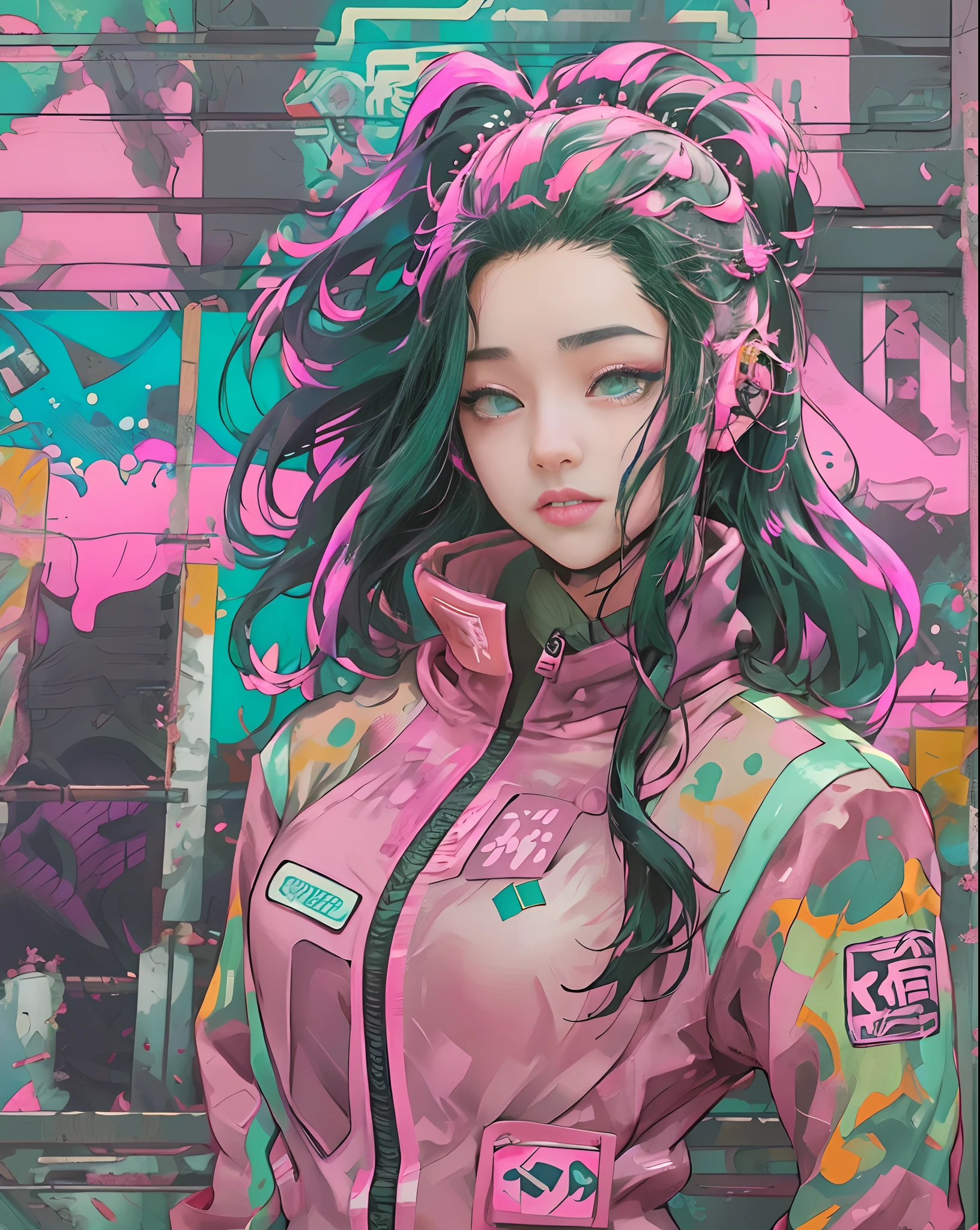 a close up of a nezuko kamado standing in front of a graffiti wall, wearing atompunk jumpsuit, cyberpunk streetwear, biopunk suit, wearing cyberpunk streetwear, wearing human air force jumpsuit, inspired by Liam Wong, cypherpunk fashion illustration, akira artstyle, style of jet set radio, street art 8 k, wearing space techwear, akira style, akira art style, (Nezuko Kamado),(cyan pink theme:1.2))