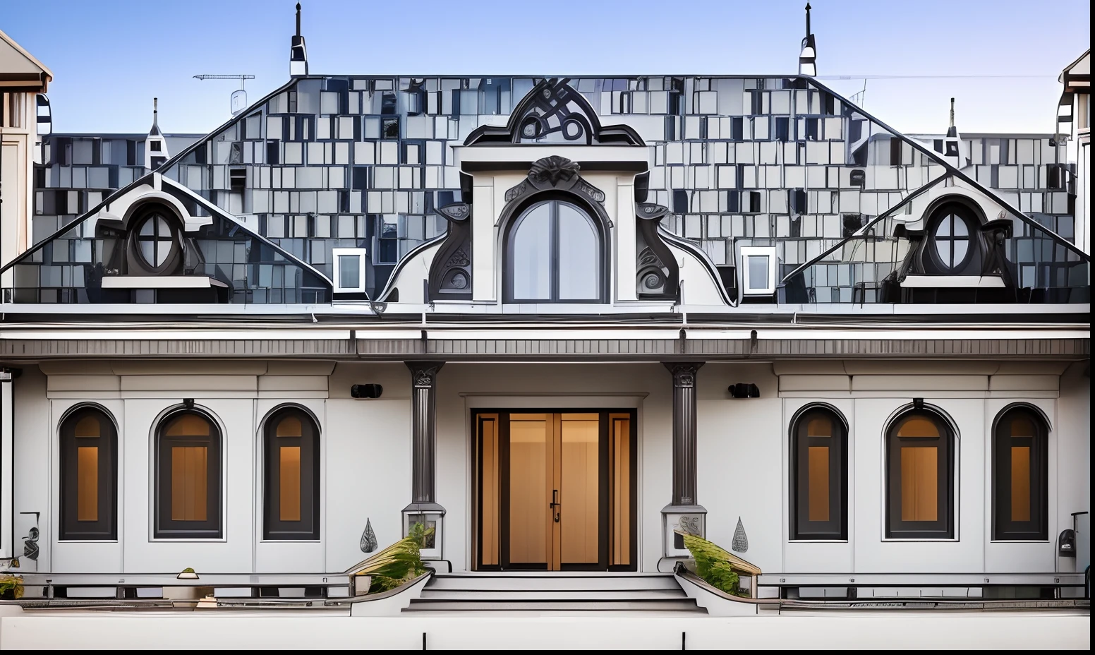 Exterior of modern house in a city, slope roof, glass balcony, glass door and window, stone paverment, street road, neighbor house behind,