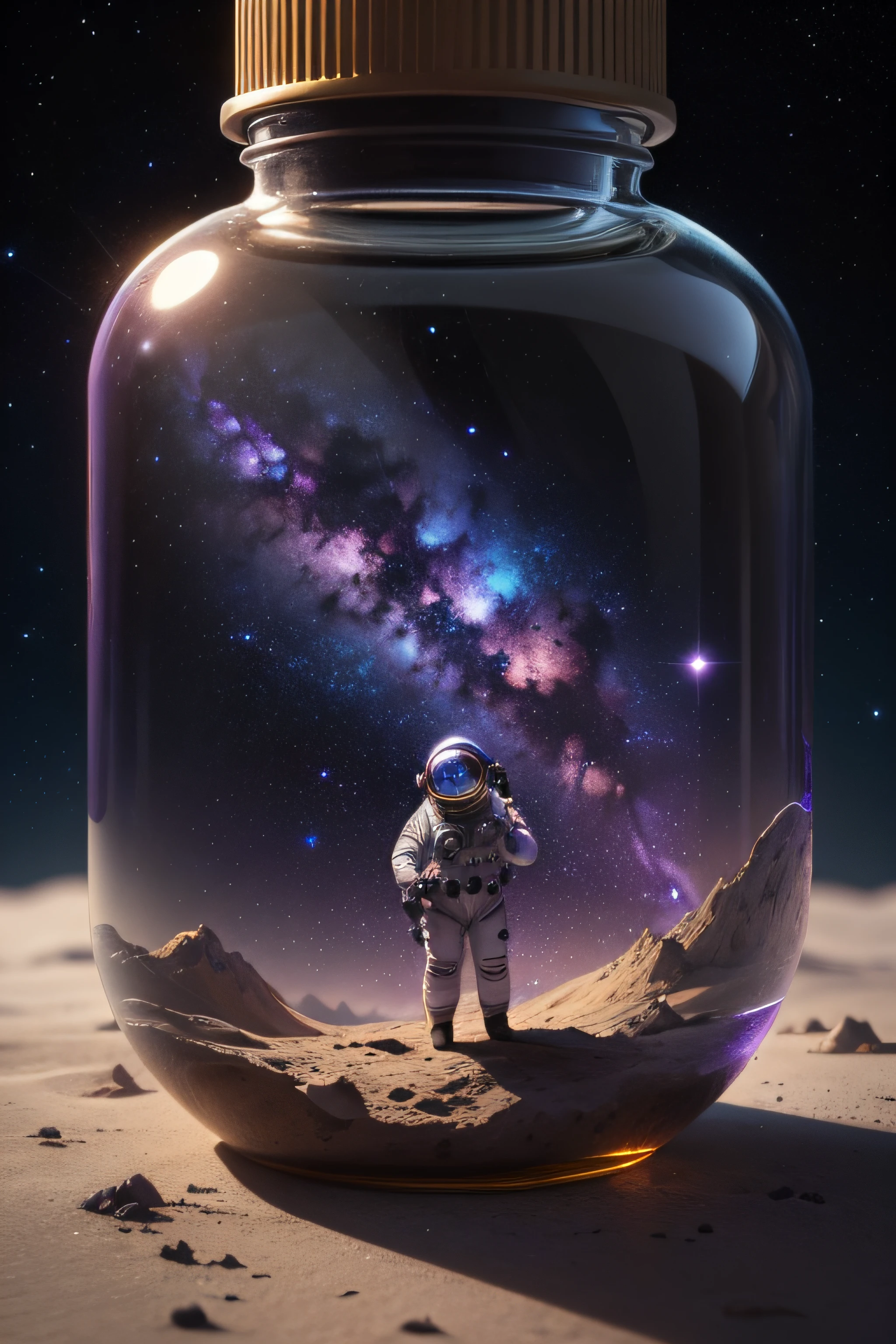 An audacious astronaut, trapped within a tiny bottle, floating in the vast universe. This bottle, of a mysterious and deep purple color, encloses an entire miniature galaxy within it. Stars twinkle in shades of purple and deep blue, creating a breathtaking view in this miniature world.
The astronaut, dressed in their bright spacesuit with a perfectly sealed helmet, embarks on an epic journey through this miniature galaxy. Their spacesuit reflects the starlight, creating flashes of colors on the bottle's glass.
Despite their small size and limited space, the astronaut maintains an expression of awe on their face as they gaze upon the purple nebulae and dancing constellations around them. Even though trapped within this bottle, their spirit of exploration and discovery continues to burn, and they are willing to explore every corner of this miniature galaxy, defying the boundaries of their confinement.
This surreal scene serves as a reminder of the boundless human curiosity and the endless quest for the unknown, even in the most unexpected corners of the cosmos.