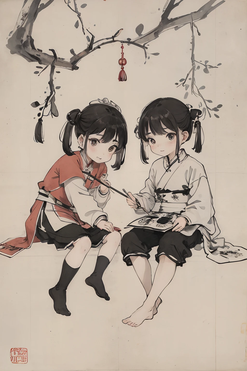 (masterpiece, best quality: 1.2), traditional Chinese ink painting, two 