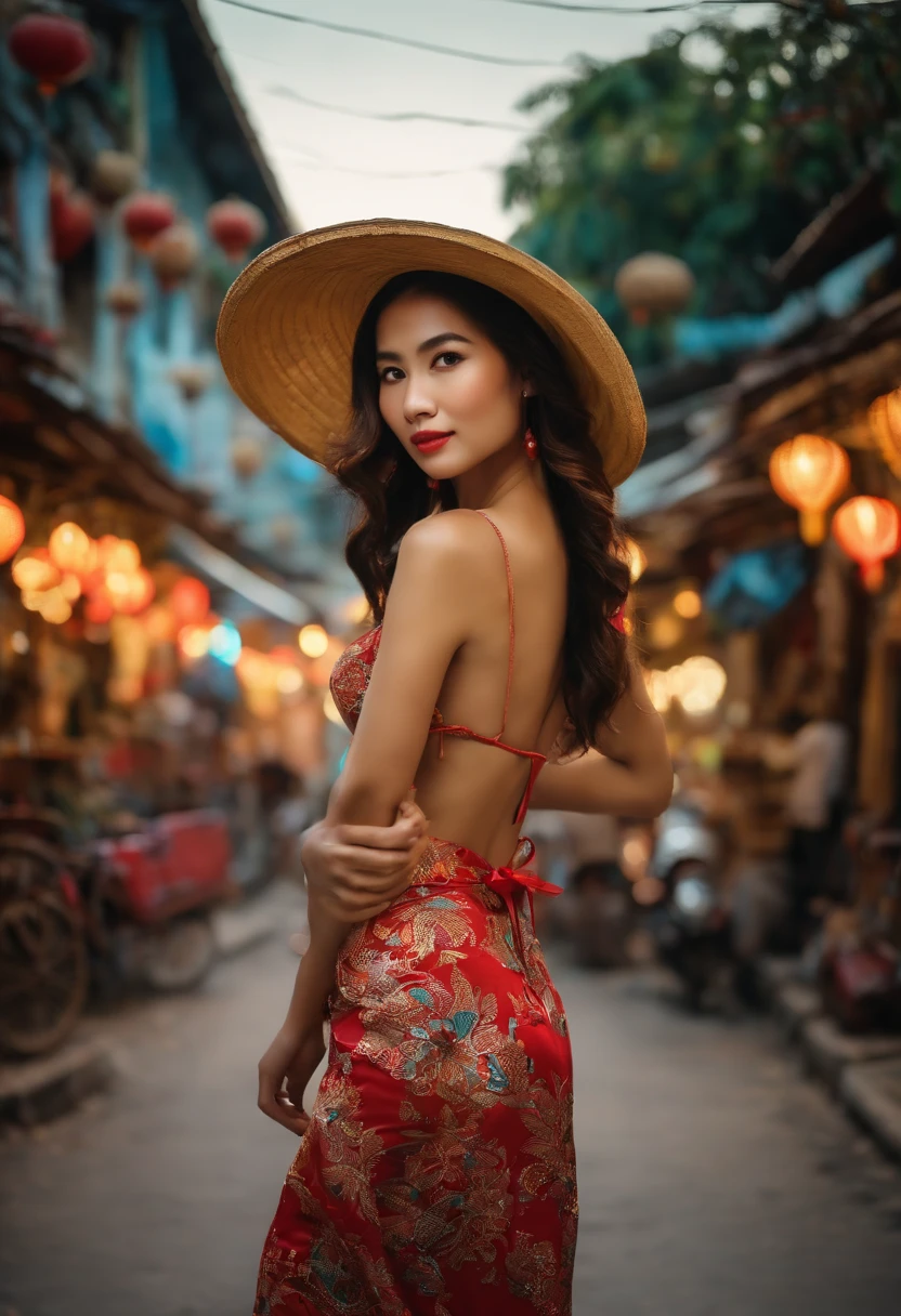 The bikini、Vintage bright color beautiful girl 4 frames traditional dress Vietnam, city nigth, masutepiece, Best Quality, Realistic:1.3, Street, Cyberpunk, Sunlight, Backlighting, art stations, Intricate details, Vignette, City Night, antique car, Hoi An, Conical Hat Traditional Vietnamese