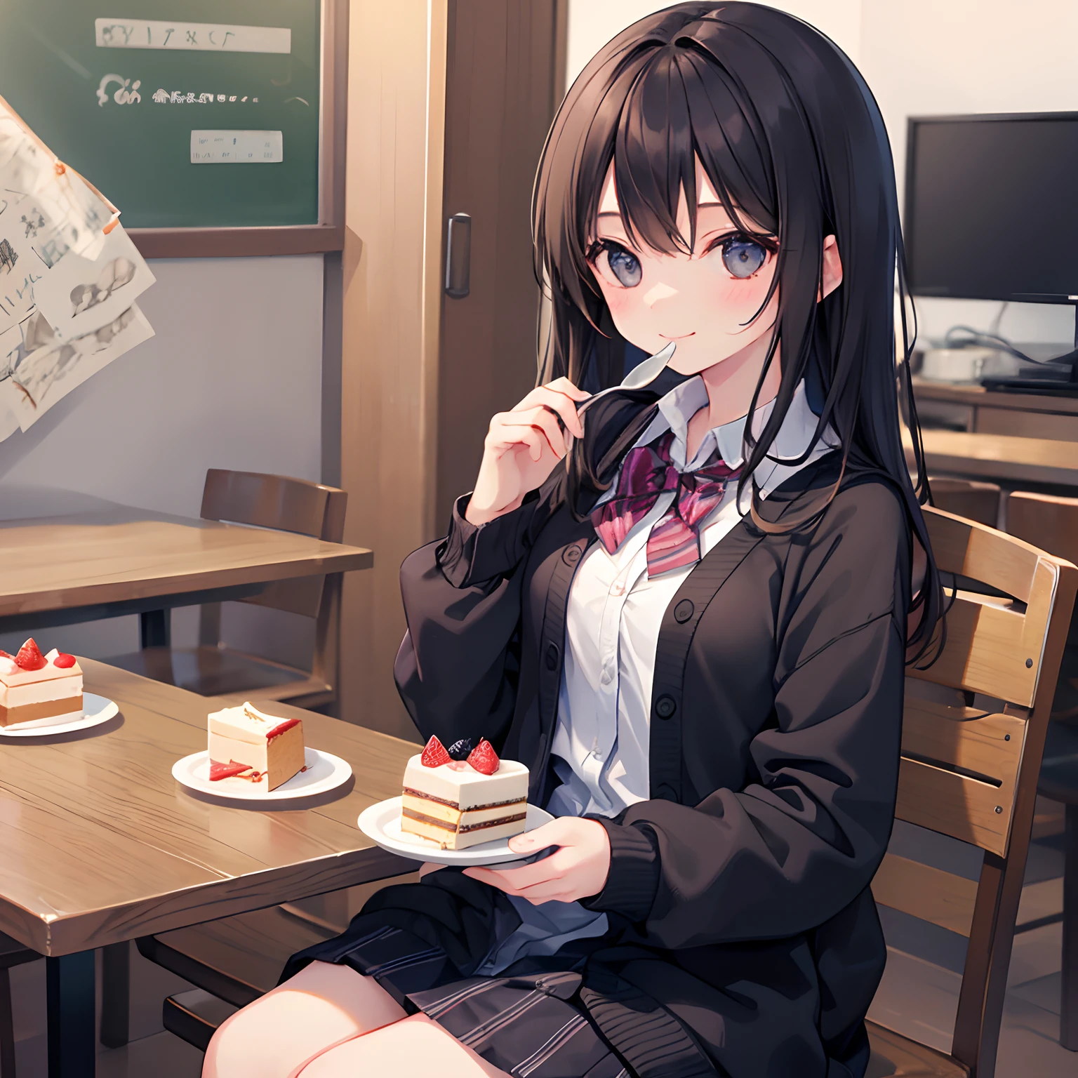girl with、1 persons、Dark hair、Black eyes、length hair、A smile、校服、cardigan、Schools、eating cakes、Holding a fork、Sit up