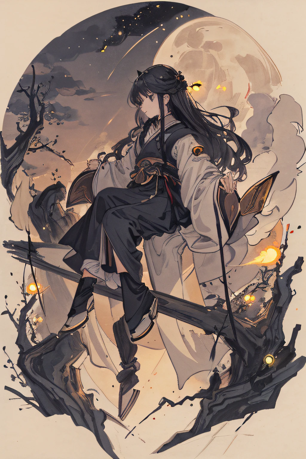 masterpiece, best quality, night, hill, clouds, full moon, long hair, woman, silhouette, fireflies.