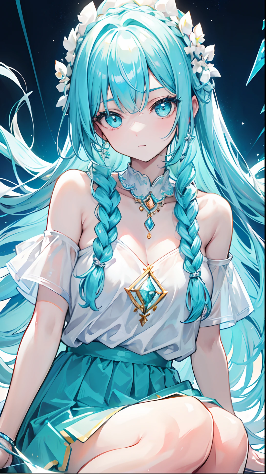 With braids,Shiny, Moist and crystal clear face,It has a lovely feel,Light cyan and light yellow color scheme,Wear a simple, solid off-the-shoulder T-shirt,Around his neck hangs a crystal clear silver necklace