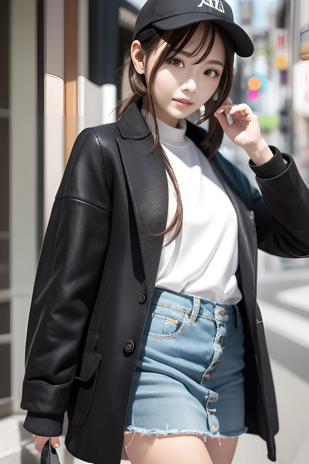 (Masterpiece: 1.1), (Best Quality, Ultra Resolution: 1.0), (8K Resolution: 1.2), (Photorealistic, Ultra Detail, Clear Focus 1:0), (Original Photo, Lighting: 1:1), BREAK detailed reflecting eyes by professional digital painting, beautiful pretty cute small face, BREAK 1girl, CASQUETTE, black Knitwear, denim skirt, Chester coat, black socks, black Loafer
