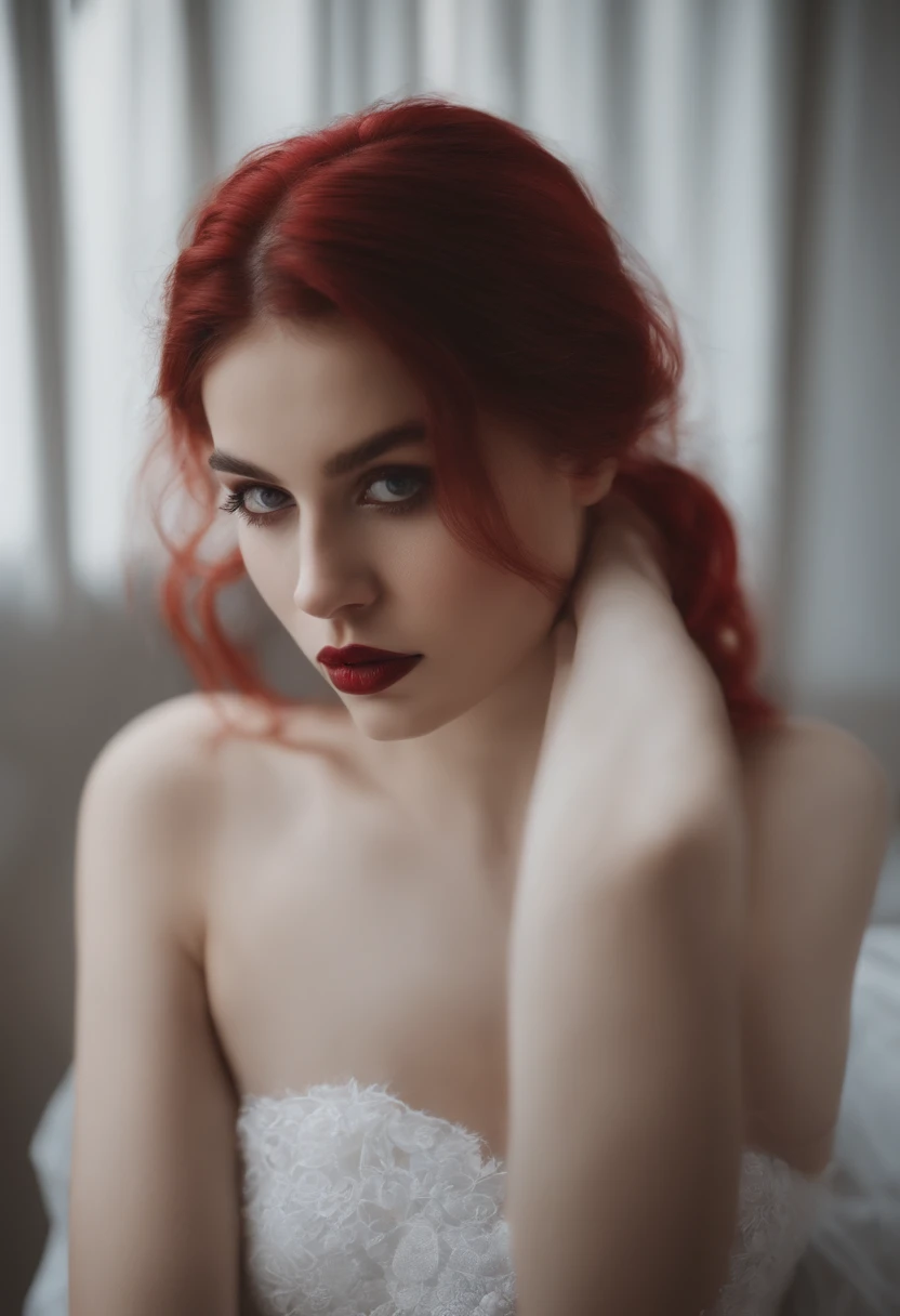 (photo) ((perfection, high realism, perfect quality)) (sex film, same naked goth character, front, side, back, ass, tits, tattoos with words written around it) a woman with long, lesbians with red hair and a pigtails hairstyle, red eyes, wearing nothing, lesbian sex, orgy, nsfw