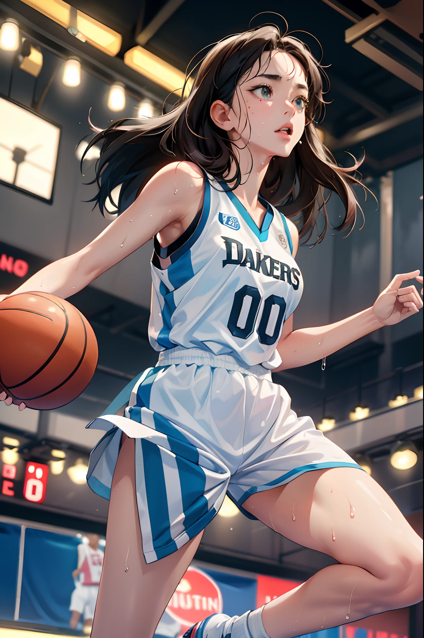 (Best Quality,8K,hight resolution,masuter piece:1.2),Ultra-detailed,Realistic:1.37,Portrait,Dynamic Angle,(Female basketball players) ,age girl,small head,Cute,Sporty,Charming face,Detailed beauty face,Very realistic skin,Wet skin,Sweat,Large breasts,Narrow waist,nice legs ,Sporty,basketball Venues ,Cinematic lighting,