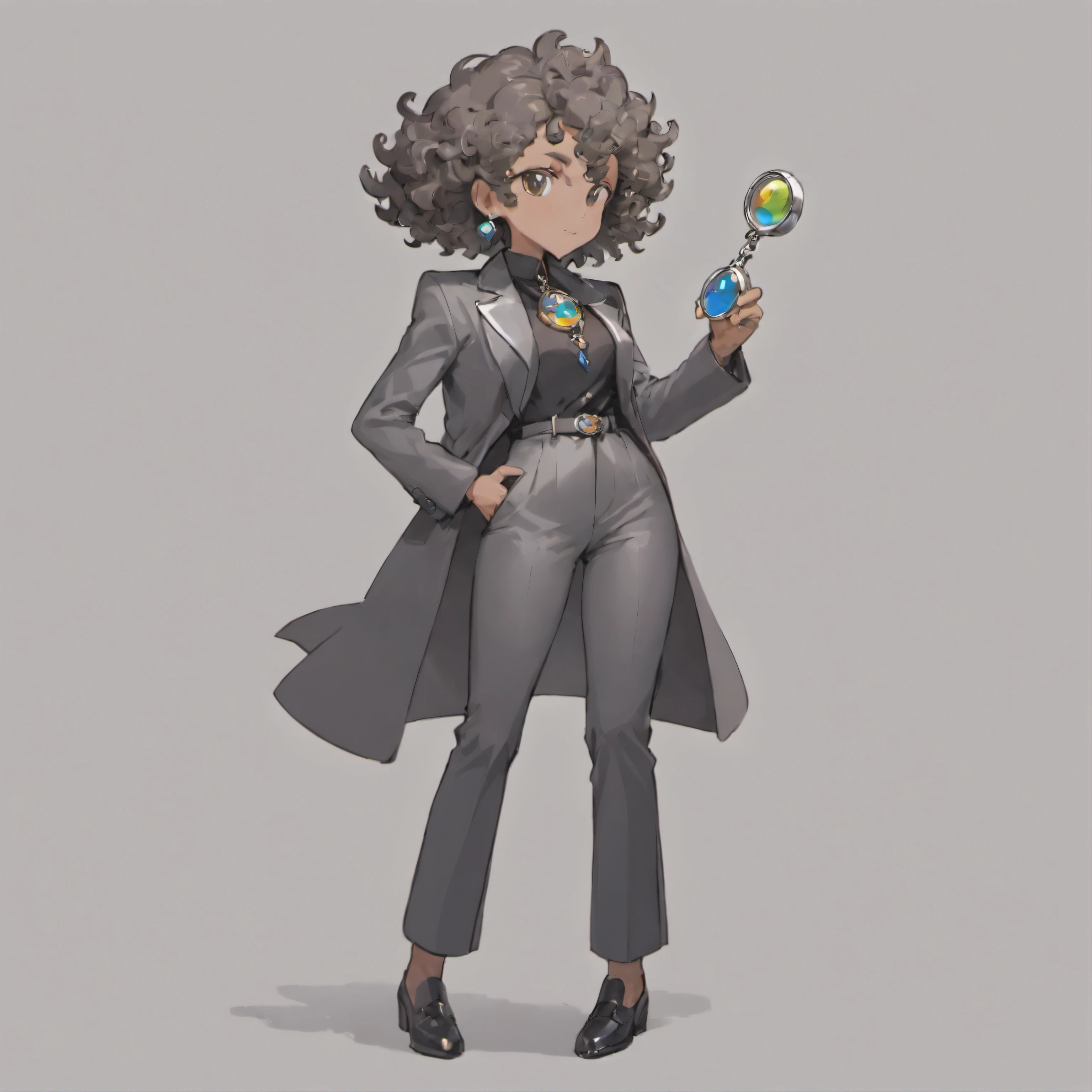 tailored, Charcoal gray pantsuit, Vintage brooch, Silver chain holds magnifying glass pendant, Black leather shoes, Brown skin,Middle age, Silver necklace, Curly hair, character turnaround, Front view, Side view, Back view