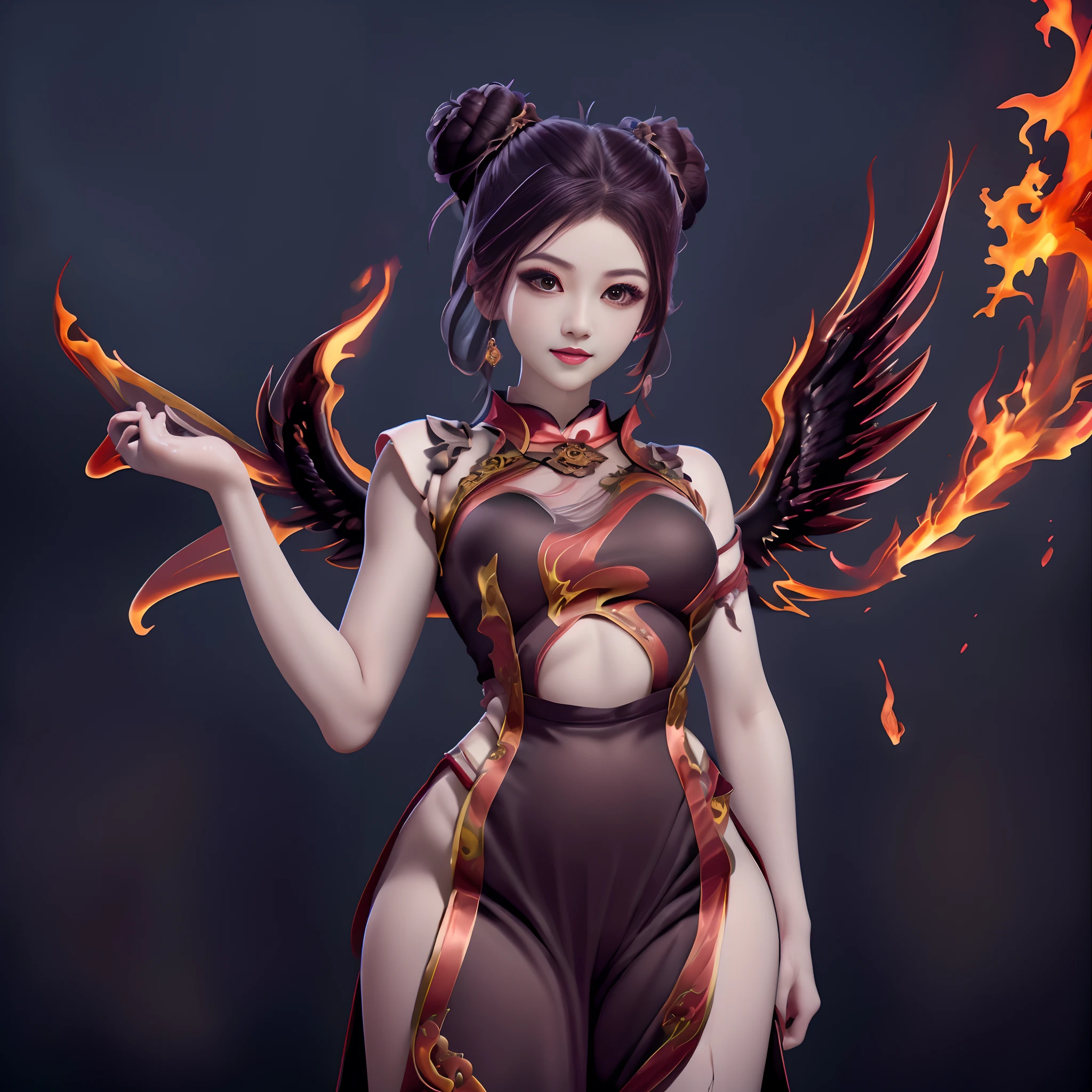 A closeup of a Chinese Girl, black flaming phoenix wings, 3d black flame, black hanfu, black eyes, black hair, black flaming city, black flaming stage, black flaming Vietnam city, black sun, volcanic eruption, black Evil Fire Phoenix Ma Xiao Tao, standing, dark portrait, dark skin, dark face