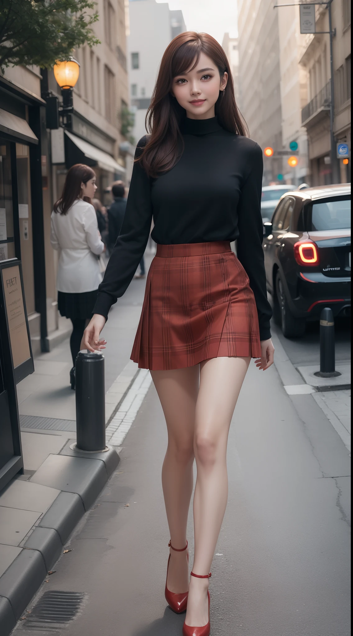 8k, masterpiece, RAW photo, best quality, photorealistic, extremely detailed CG unity 8k wallpaper, Depth of field, Cinematic Light, Lens Flare, Ray tracing, (extremely beautiful face, beautiful lips, beautiful eyes), intricate detail face, ((ultra detailed skin)) 1girl, in the dark, deep shadow, pretty asian girl, 1 girl, (very slim slender fit-muscled body:1.3), ((looking at viewer)),(big smile:1.3), (short skirt ), (red mini skirt ), pantyhose, clear eyes, walking , front shot, (pale skin), (big eyes), face forward, (red shirt),  (brown hairs), ((laced blouse)),,(looking at viewer:1.3) very slim, medium breasts, (camel toe), laced black stockings, street, buildings, tree, sunny, (plaid skirt), high heels