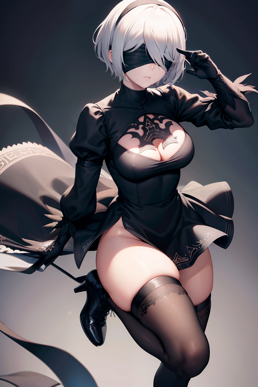 2b, 2b, (Black blindfold:1.5), black hairband, Blindfold, shairband, Short hair, White hair, (Covered eyes:1.7),Blake Black Skirt, black thighhighs, long boots, cleavage cutout, Clothes Cutout, shairband, high-heels, Long sleeves, droid, side slits, Skirt, Thigh boots, thighs thighs thighs thighs,BREAK looking at viewer, Full body,BREAK outdoors,BREAK (masutepiece:1.2), Best Quality, High resolution, Unity 8k壁纸, (Illustration:0.8), (Beautiful detailed eyes:1.6), extra detailed face, Perfect Lighting, extremely details CG, (Perfect hands, Perfect Anatomy),